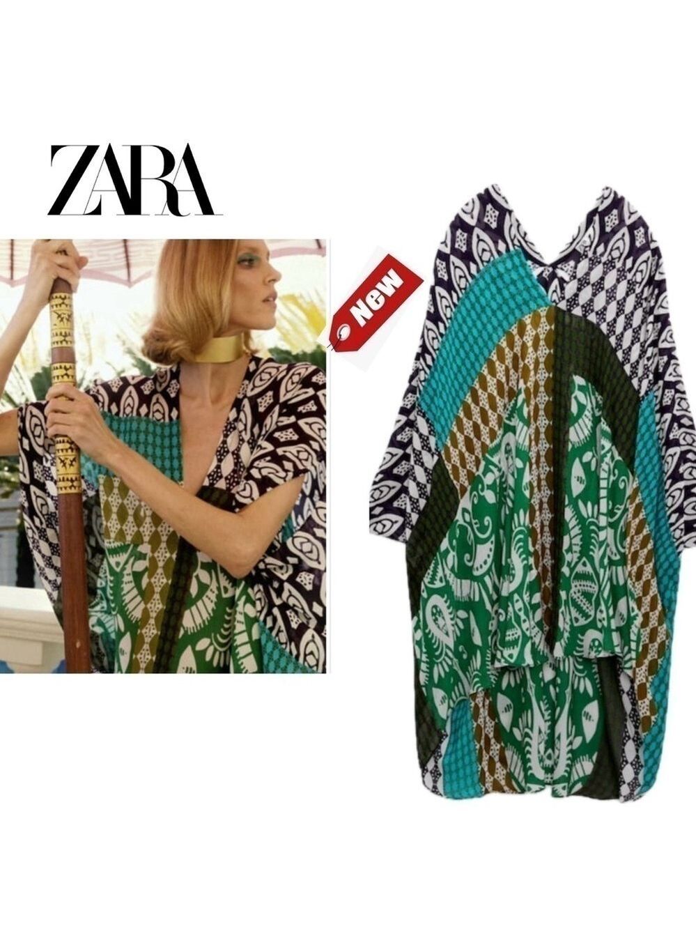 ZARA WOMAN ASYMMETRIC HEM DRESS SHORT PRINTED KAFTAN BEACH COVERUP CHIFFON M NWT